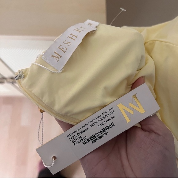 MESHKI NWT Yellow Celena Rushed Thin Strap Mini Dress Size Medium In Lemon‎ - Picture 6 of 9